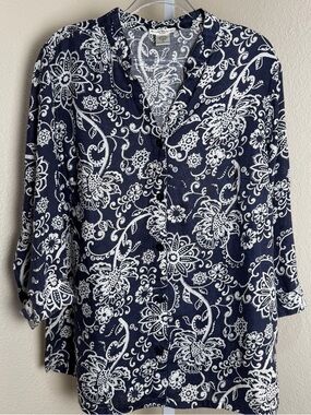 100% Linen 3/4 Sleeve Button Front 1X Top Susan Bristol